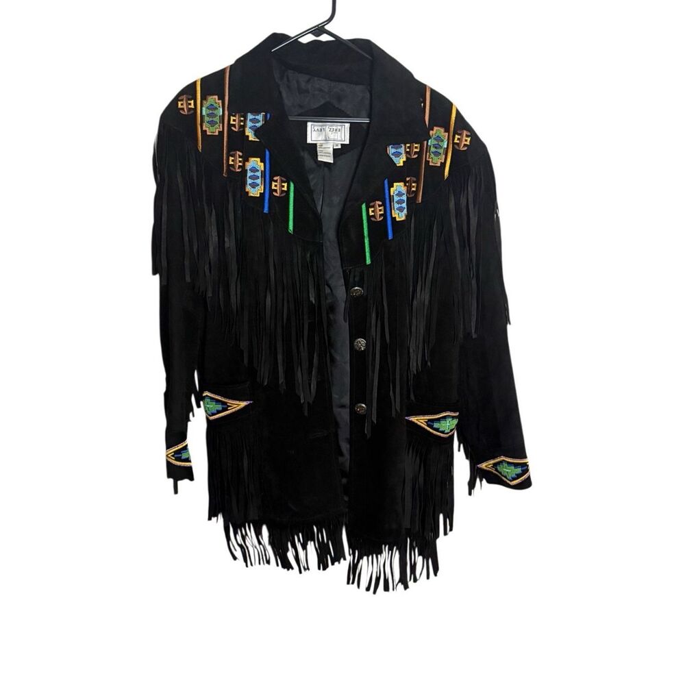 Erez Levy Suede Beaded Fringed Black Leather Jacket Southwestern Size Medium